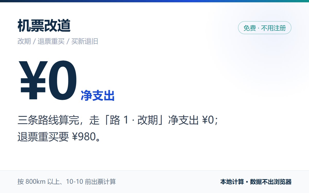 机票改道：三条路线算完，走改期净支出 0 元，退票重买 980 元